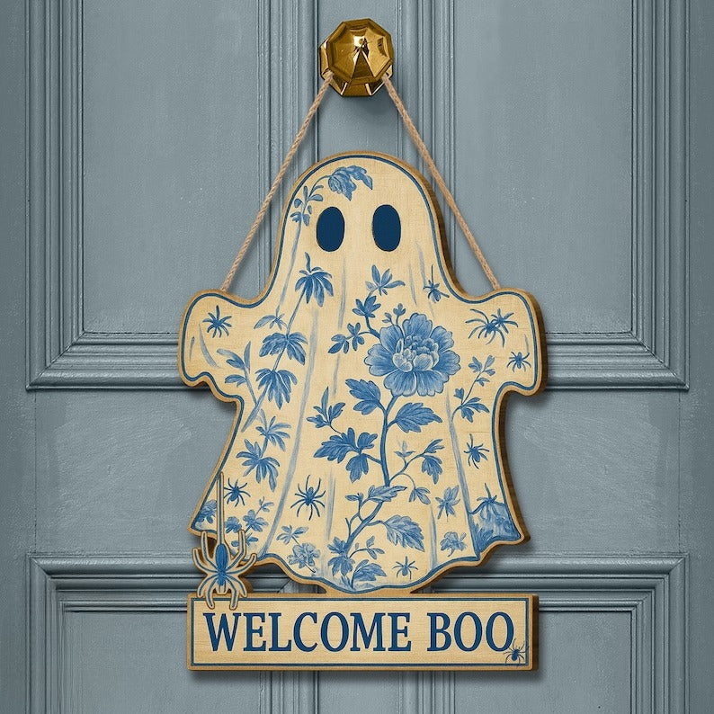 Ghost Wood Door Hanger Halloween Welcome Boo Sign Blue Floral Chinoiserie Decor Ideal Gift for Her Fall Porch Entryway Vintage Spooky Accent