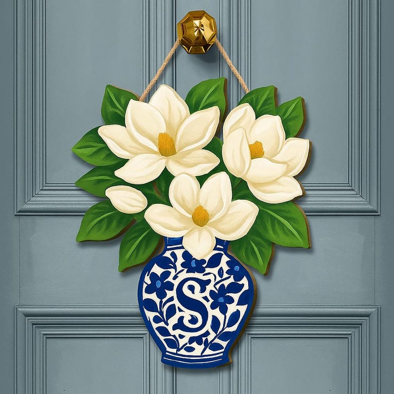 Magnolia Chinoiserie Vase Monogram Door Hanger | Blue and White Floral Front Door Decor | Personalized Spring Summer Door Sign