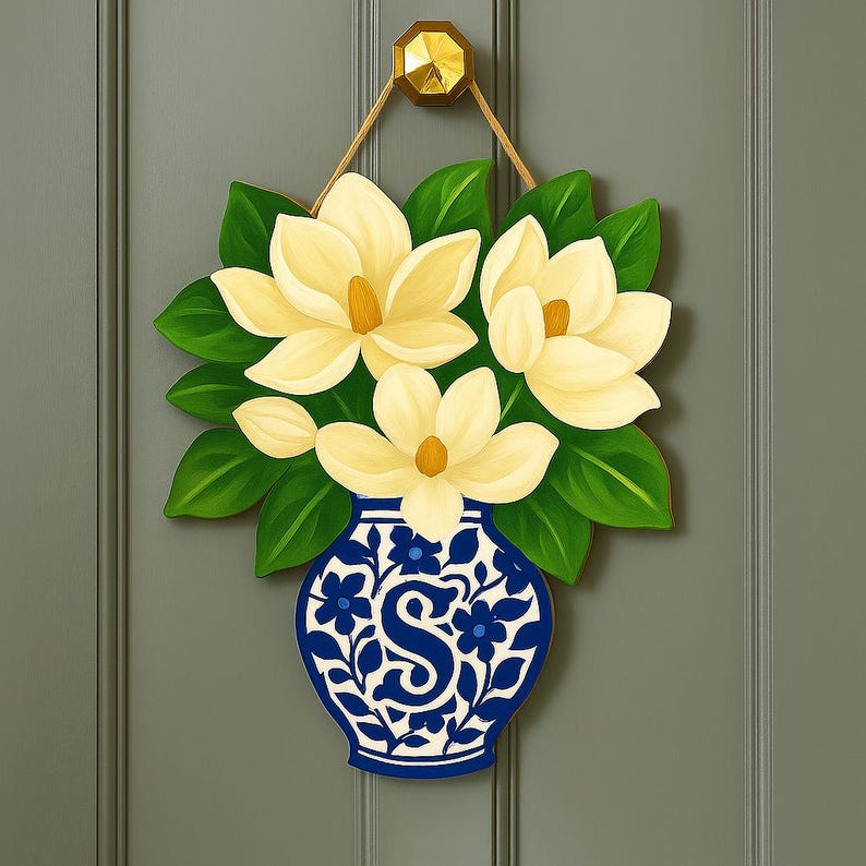 front door plant hanger Magnolia Chinoiserie Vase Monogram Door Hanger | Blue and White Floral