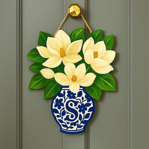 Magnolia Chinoiserie Vase Monogram Door Hanger | Blue and White Floral Front Door Decor | Personalized Spring Summer Door Sign