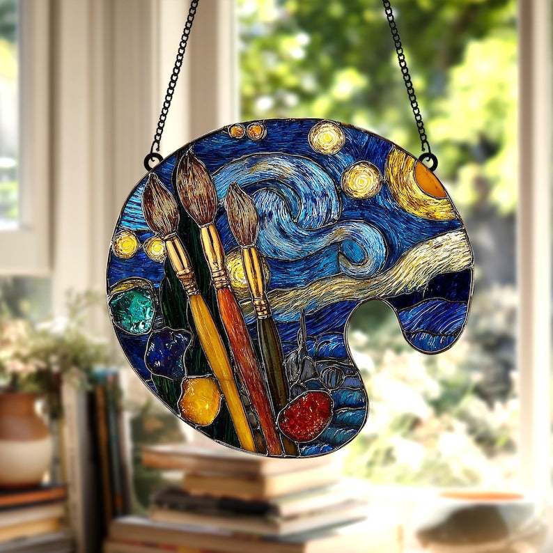Artistic Paint Palette Faux Stained Glass Suncatcher Gift for Art Lovers, Teachers, Artist s Car Mirror Charm