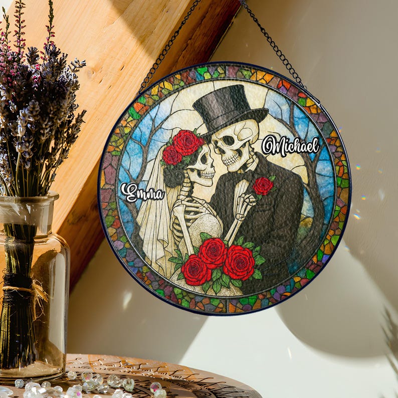 Personalized Skeleton Couple Stained Glass Suncatcher, Gothic Wedding Decor, Wedding Anniversary Gift, Halloween Gift for Couples