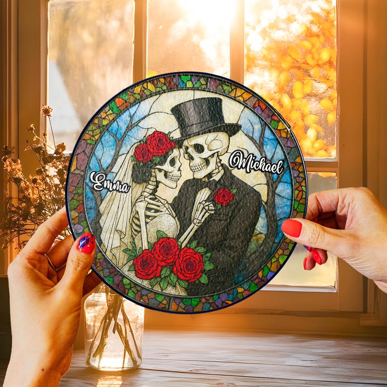 Personalized Skeleton Couple Stained Glass Suncatcher, Gothic Wedding Decor, Wedding Anniversary Gift, Halloween Gift for Couples