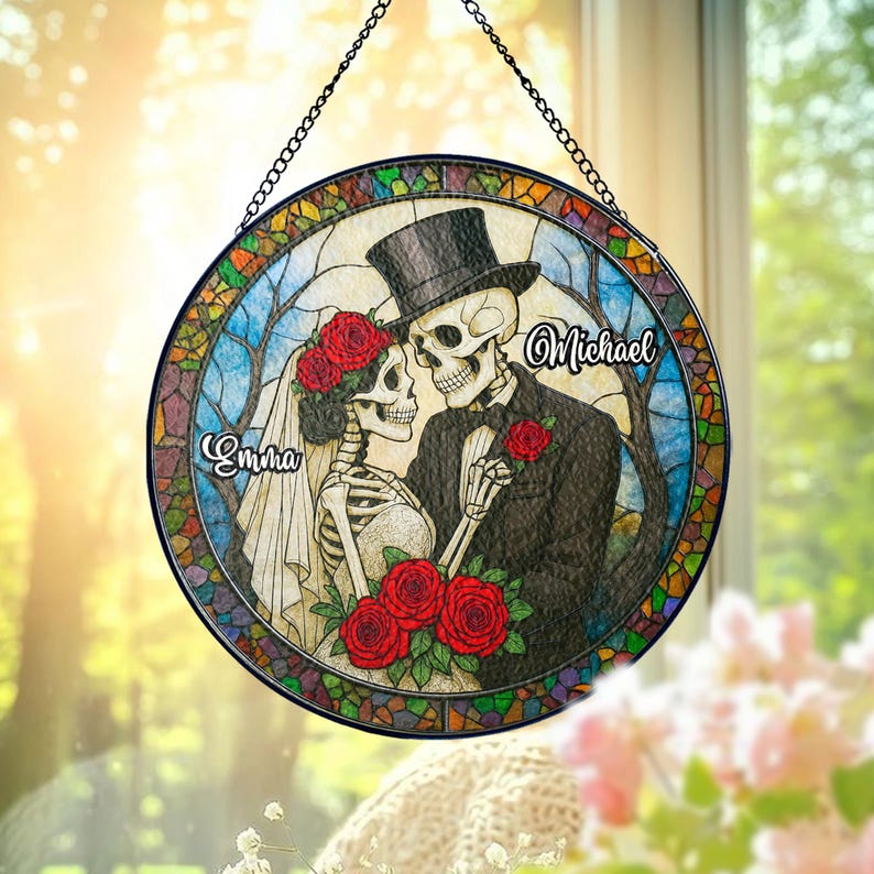 Personalized Skeleton Couple Stained Glass Suncatcher, Gothic Wedding Decor, Wedding Anniversary Gift, Halloween Gift for Couples