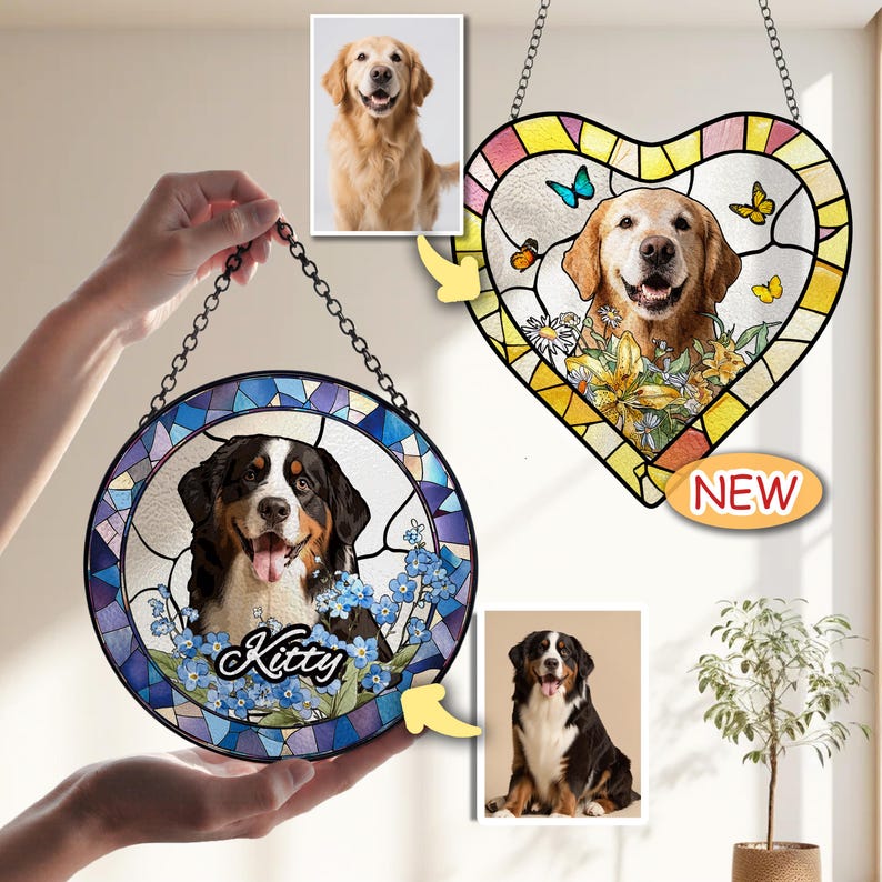 New Shape Pet Memorial Stained Glass Suncatcher, Personalized Dog Portrait Sympathy Gifts, Pet Loss Gifts, Pet Keepsake Stained Glass