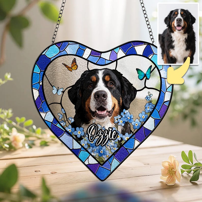 New Shape Pet Memorial Stained Glass Suncatcher, Personalized Dog Portrait Sympathy Gifts, Pet Loss Gifts, Pet Keepsake Stained Glass