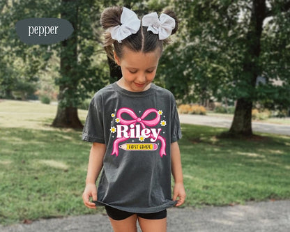 Coquette Back To School Shirt for Girl, Toddler Girl First Day Of School Shirt, Kids Name Back To School Gifts, 1st Day Of First Grade Shirt