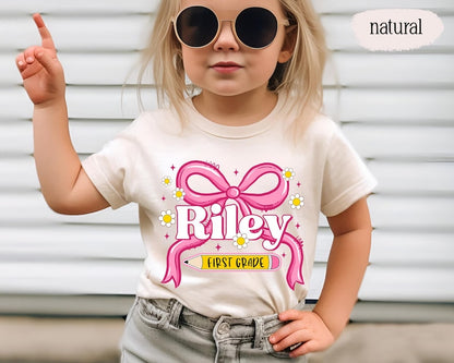 Coquette Back To School Shirt for Girl, Toddler Girl First Day Of School Shirt, Kids Name Back To School Gifts, 1st Day Of First Grade Shirt