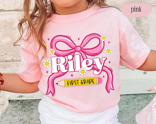 Coquette Back To School Shirt for Girl, Toddler Girl First Day Of School Shirt, Kids Name Back To School Gifts, 1st Day Of First Grade Shirt