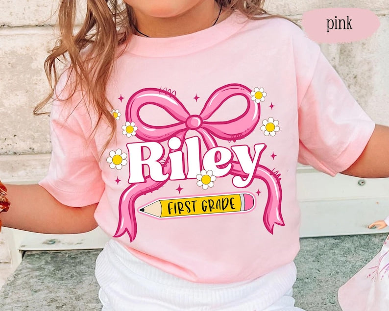 Coquette Back To School Shirt for Girl, Toddler Girl First Day Of School Shirt, Kids Name Back To School Gifts, 1st Day Of First Grade Shirt