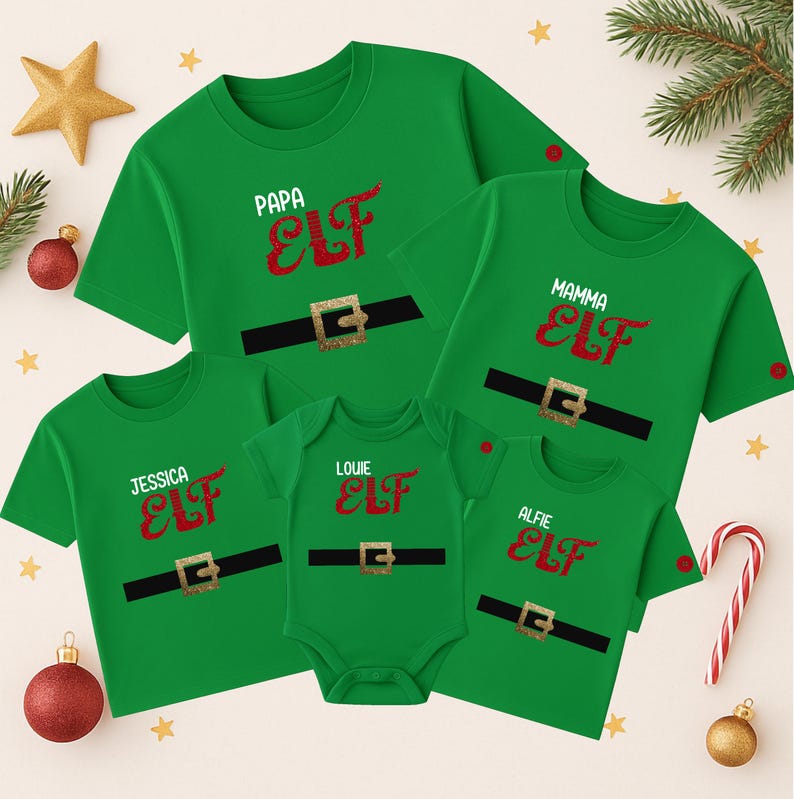 Elf Family Christmas Matching Set, Custom Name, Adults Kids Fancy Dress Outfit Idea