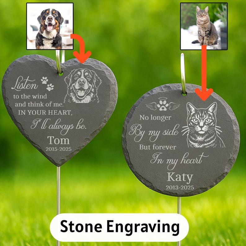 Laser Engraved Pet Memorial Stone Custom Garden Hanging Plaque with Stake, Personalized Outdoor Dog or Cat Loss Gift, Pet Tribute Keepsake