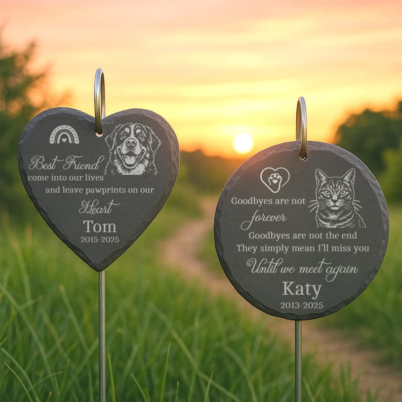 Laser Engraved Pet Memorial Stone Custom Garden Hanging Plaque with Stake, Personalized Outdoor Dog or Cat Loss Gift, Pet Tribute Keepsake