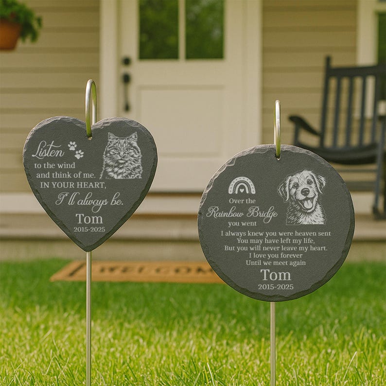 Laser Engraved Pet Memorial Stone Custom Garden Hanging Plaque with Stake, Personalized Outdoor Dog or Cat Loss Gift, Pet Tribute Keepsake