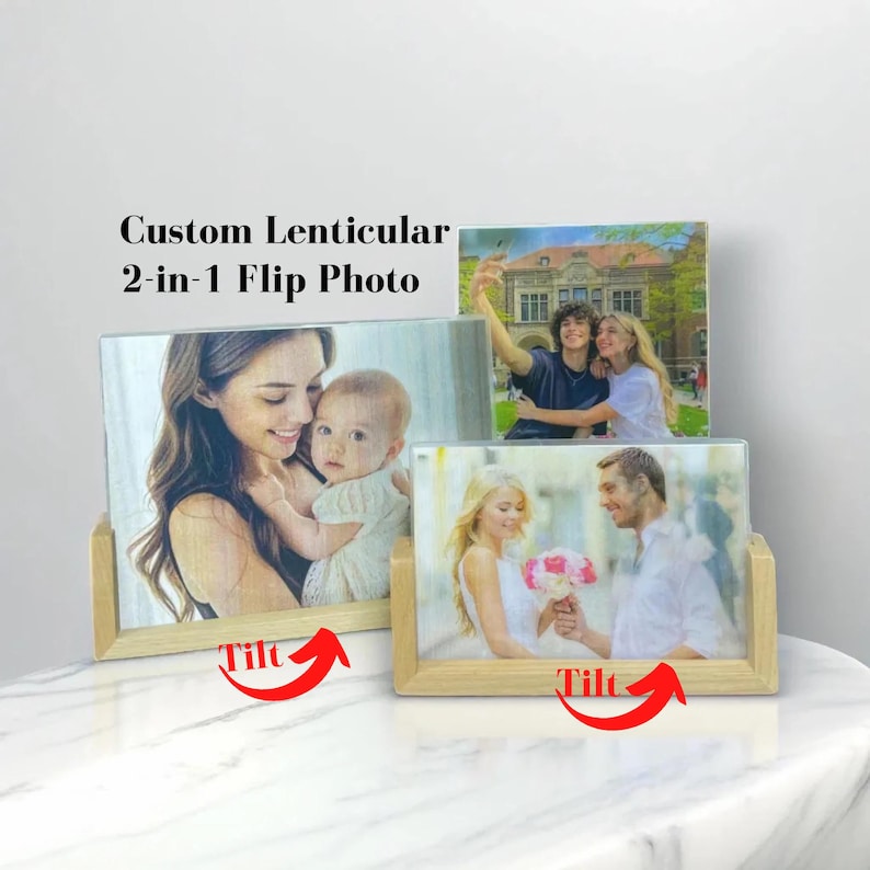 Custom Lenticular Photo Print with Wooden Stand - Personalized 2-in-1 Flip Picture Gift Decor for Couples, Family, Wedding