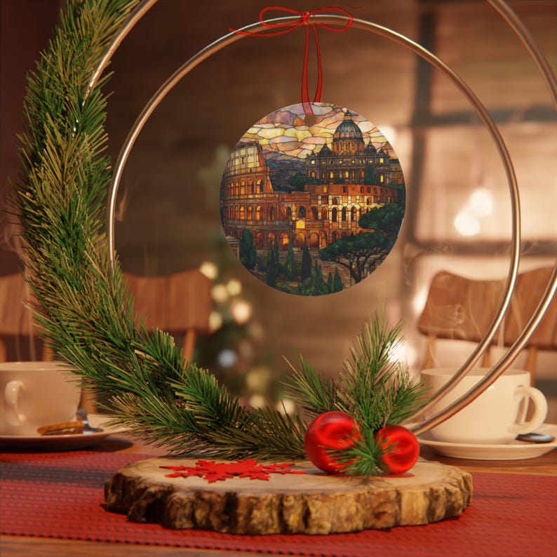 Rome Ornament | Stained Glass Style Italy Christmas Tree Decoration, Colosseum Holiday Gift, European Winter Travel Keepsake