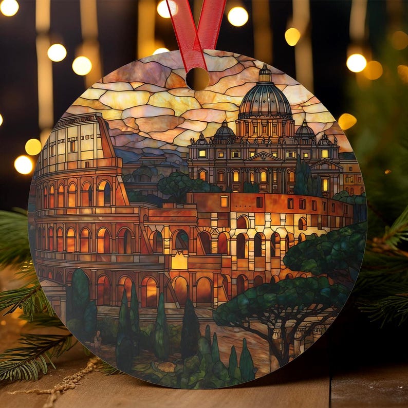 Rome Ornament | Stained Glass Style Italy Christmas Tree Decoration, Colosseum Holiday Gift, European Winter Travel Keepsake