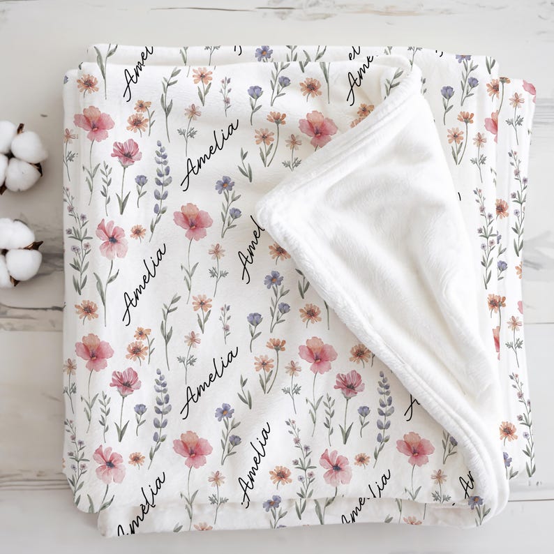 Personalized Wildflower Baby Blanket, Custom Baby Name Blanket, Newborn Girl Nursery Decor, Newborn Swaddle, Hospital Blanket, Gift for Baby
