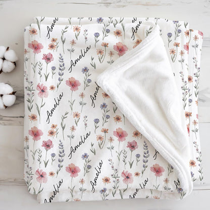 Personalized Wildflower Baby Blanket, Custom Baby Name Blanket, Newborn Girl Nursery Decor, Newborn Swaddle, Hospital Blanket, Gift for Baby