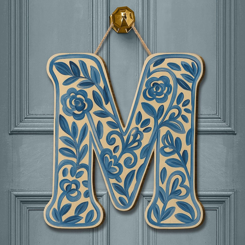 Custom Chinoiserie Monogram Letter Door Hanger, Blue Floral Initial Sign, Personalized Entryway Decor, Cottagecore Porch Gift