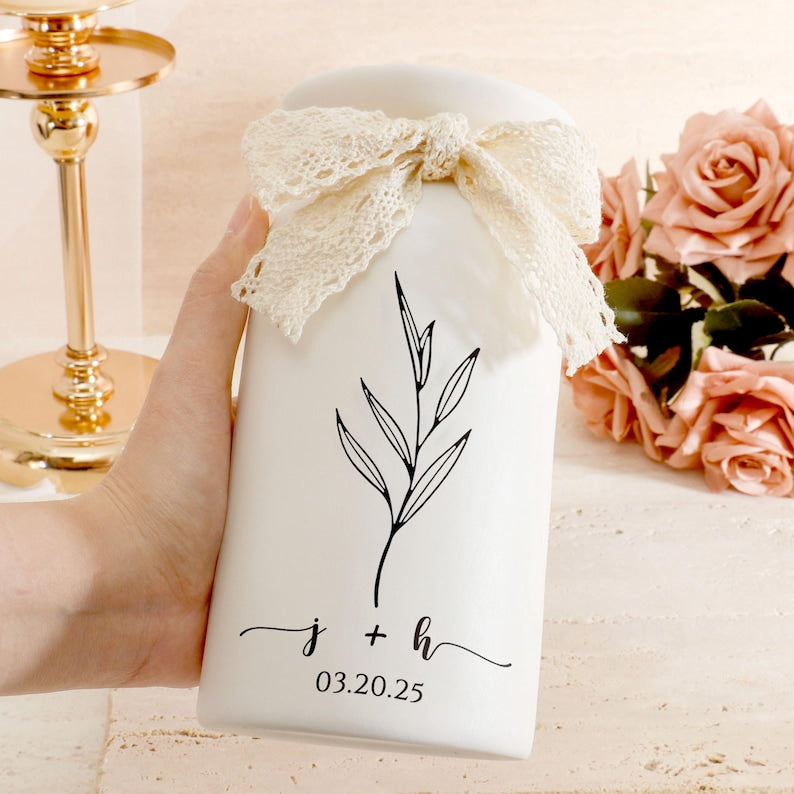 Ceramic Wedding Flower Vase With Name & Date,Custom Engagement Flower Vase,Gift for Newlywed,Engagement Gift,Wedding Gift,Bridal Shower Gift (No Bow)