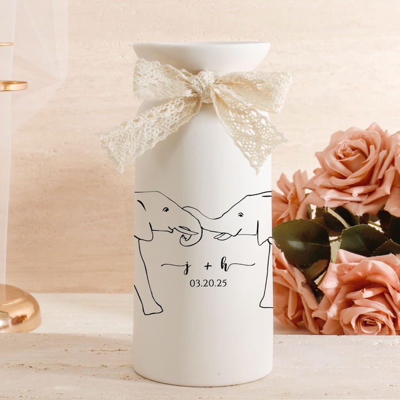 Ceramic Wedding Flower Vase With Name & Date,Custom Engagement Flower Vase,Gift for Newlywed,Engagement Gift,Wedding Gift,Bridal Shower Gift (No Bow)