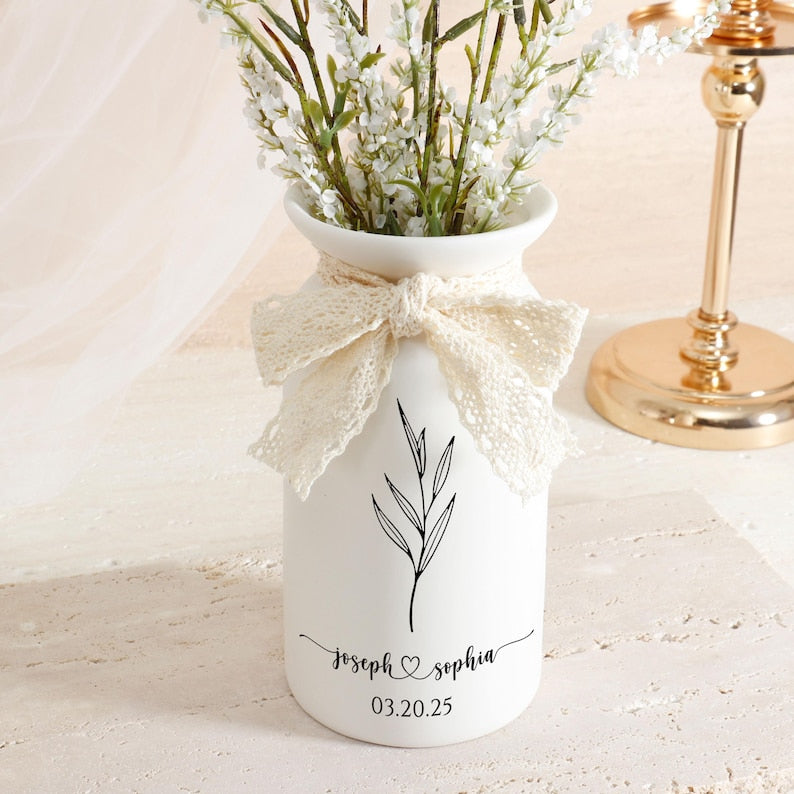 Ceramic Wedding Flower Vase With Name & Date,Custom Engagement Flower Vase,Gift for Newlywed,Engagement Gift,Wedding Gift,Bridal Shower Gift (No Bow)