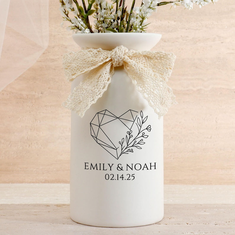 Ceramic Wedding Flower Vase With Name & Date,Custom Engagement Flower Vase,Gift for Newlywed,Engagement Gift,Wedding Gift,Bridal Shower Gift (No Bow)