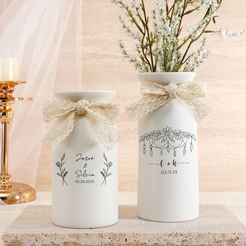 Ceramic Wedding Flower Vase With Name & Date,Custom Engagement Flower Vase,Gift for Newlywed,Engagement Gift,Wedding Gift,Bridal Shower Gift (No Bow)