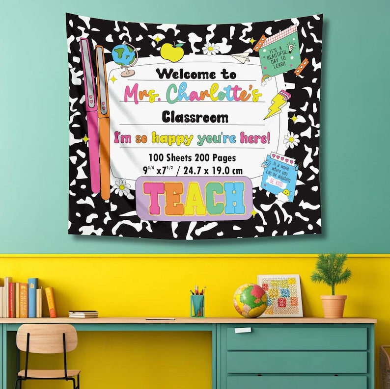 Personalized Teacher Tapestry for Back to School, Custom Welcome Classroom Banner, Classroom Tapestry Decoration, Teacher Name Sign