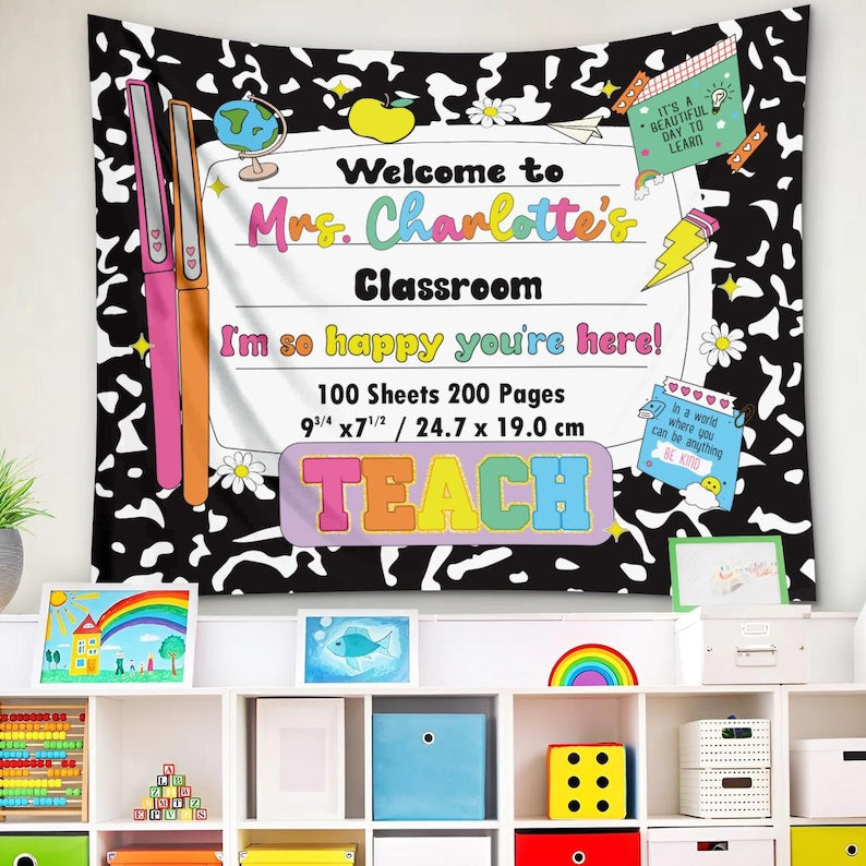 Personalized Teacher Tapestry for Back to School, Custom Welcome Classroom Banner, Classroom Tapestry Decoration, Teacher Name Sign