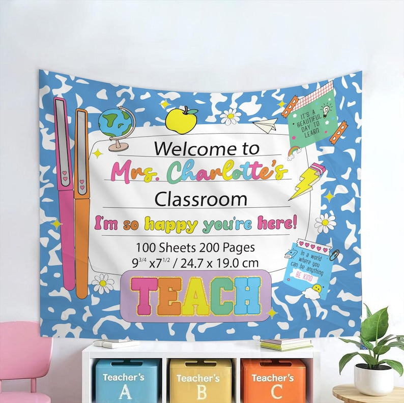 Personalized Teacher Tapestry for Back to School, Custom Welcome Classroom Banner, Classroom Tapestry Decoration, Teacher Name Sign