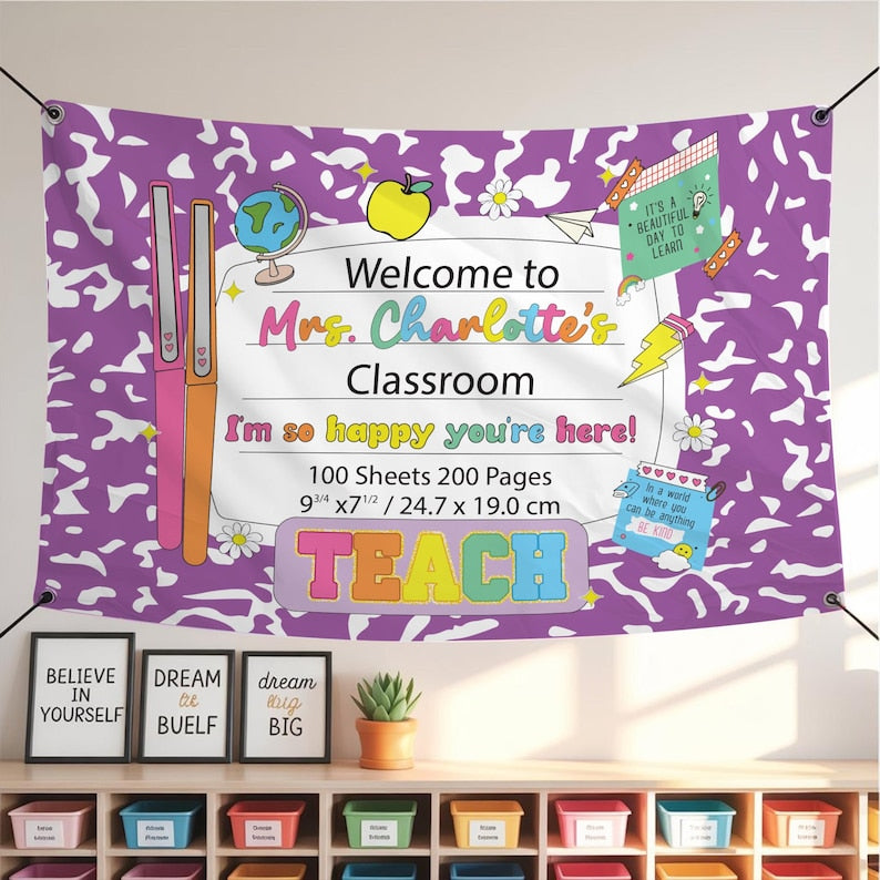 Personalized Teacher Tapestry for Back to School, Custom Welcome Classroom Banner, Classroom Tapestry Decoration, Teacher Name Sign