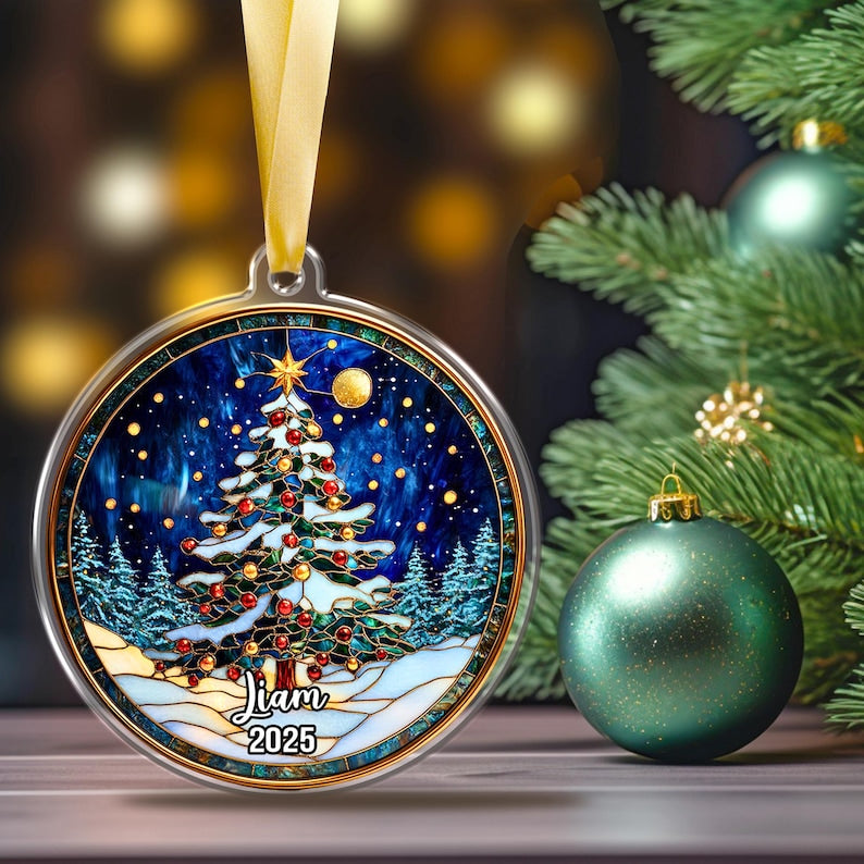 Personalized Stained Glass Christmas Ornament 2025 Custom Name Holiday Tree Decoration Santa, Snowman, Christmas Tree Decoration Gift