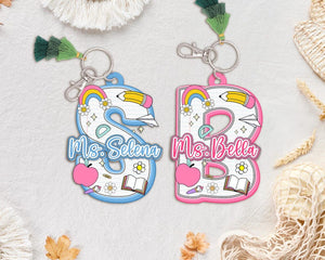Personalized Teacher Initial Keychain, Back To School Gift, Custom Backpack Teacher Name Tag, Letter Charm, Kids Name Tag, Teacher Gift