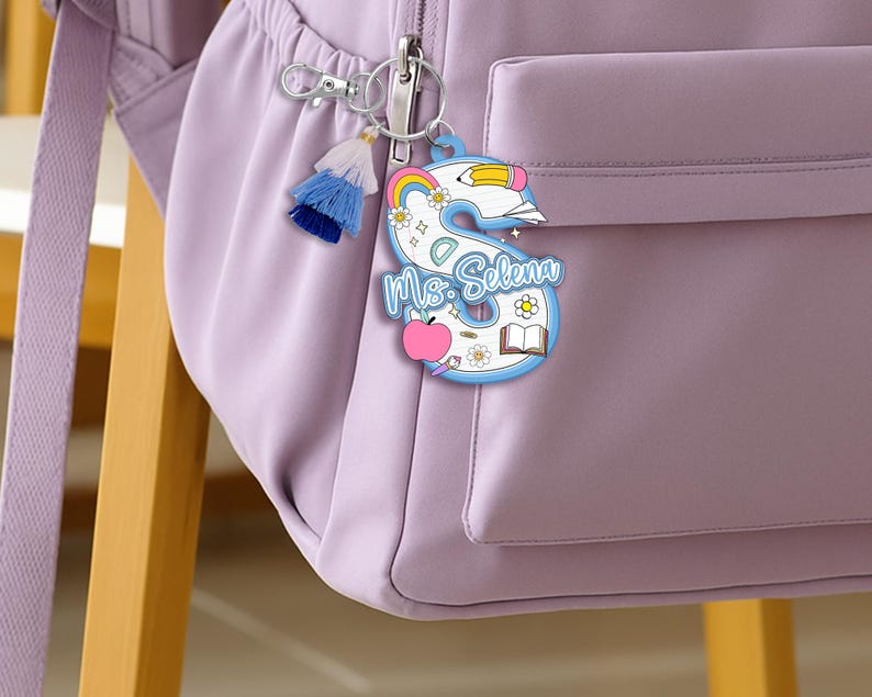 Personalized Teacher Initial Keychain, Back To School Gift, Custom Backpack Teacher Name Tag, Letter Charm, Kids Name Tag, Teacher Gift