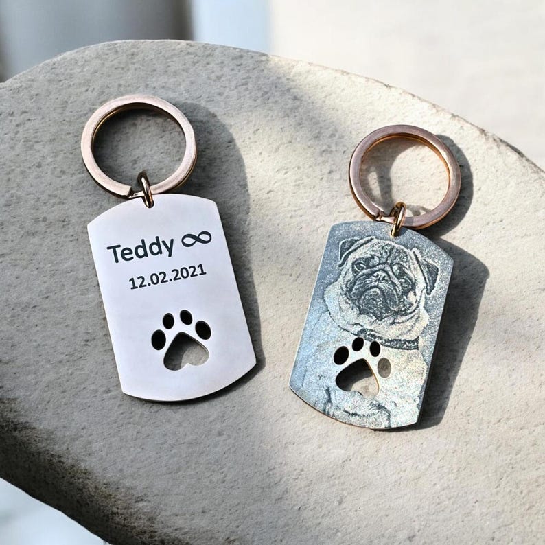 Personalised Pet Photo Keyring with Paw Cut Out | Photo Engraving | Pet Photo Engraved | Cat and Dog | Custom Name and Image Keychain