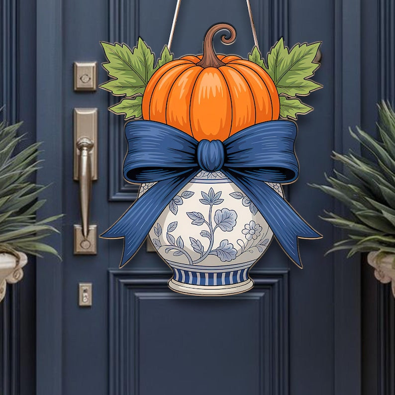 Chinoiserie Pumpkin Door Hanger Blue and White Vase Fall Wreath Alternative Autumn Floral Porch Sign Decor