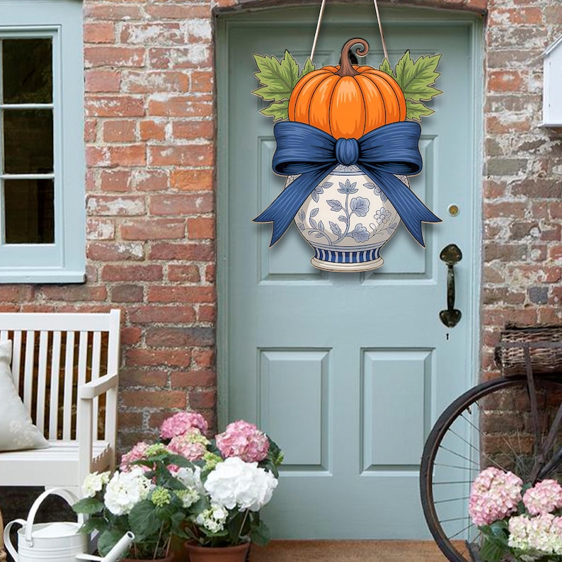 Chinoiserie Pumpkin Door Hanger Blue and White Vase Fall Wreath Alternative Autumn Floral Porch Sign Decor