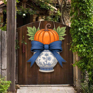 Chinoiserie Pumpkin Door Hanger Blue and White Vase Fall Wreath Alternative Autumn Floral Porch Sign Decor