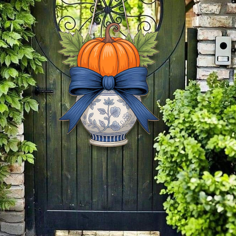 Chinoiserie Pumpkin Door Hanger Blue and White Vase Fall Wreath Alternative Autumn Floral Porch Sign Decor