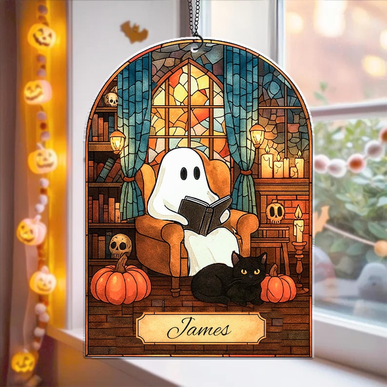 Custom Halloween Ghost Reading Book Acrylic Suncatcher Ornament, Ghost and Black Cat Acrylic Window Hanging Decor, Book Lover,Halloween Gift