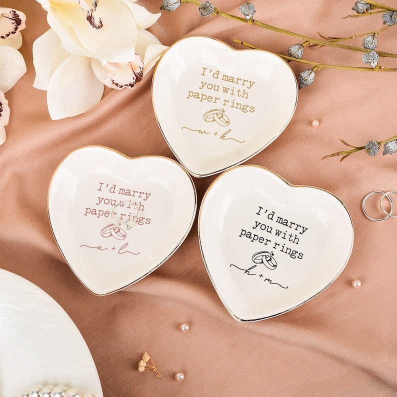 Marry You with Paper Rings Trinket Dish, Wedding Ring Dish, Custom Initials Jewelry Dish for Her, Engagement Anniversary Gift, Bride Gift