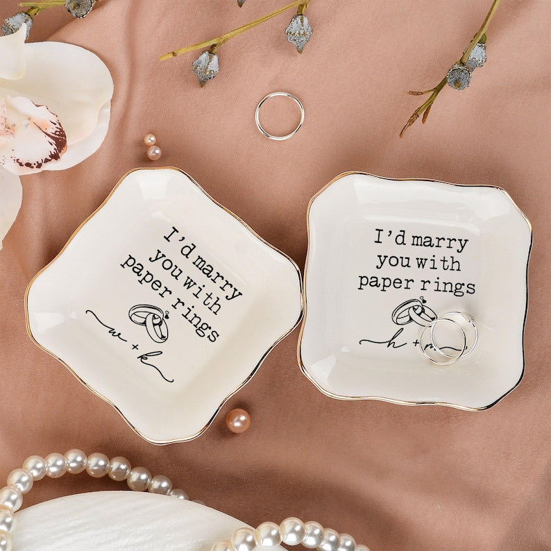 Marry You with Paper Rings Trinket Dish, Wedding Ring Dish, Custom Initials Jewelry Dish for Her, Engagement Anniversary Gift, Bride Gift