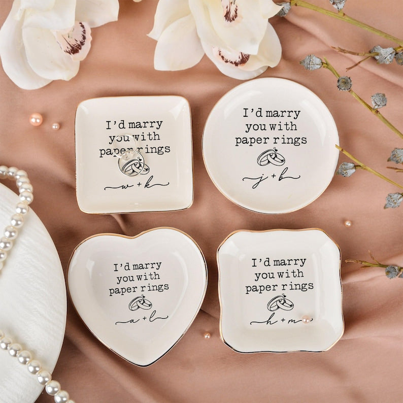 Marry You with Paper Rings Trinket Dish, Wedding Ring Dish, Custom Initials Jewelry Dish for Her, Engagement Anniversary Gift, Bride Gift
