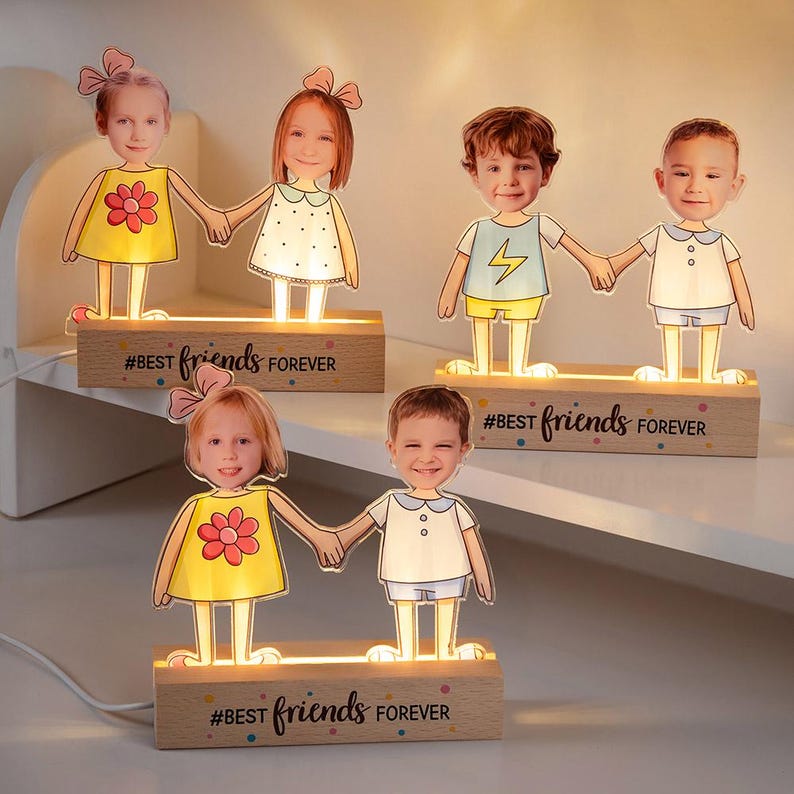 Personalized Best Friends Forever LED Night Light Custom Kid Photos with Wooden Base, Home Decor & Birthday Gift for Boys and Girls