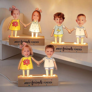 Personalized Best Friends Forever LED Night Light Custom Kid Photos with Wooden Base, Home Decor & Birthday Gift for Boys and Girls