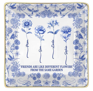 Toile De Jouy Birth Flower Grow An Old Friend - Personalized Ring Dish, Gift for Her, Custom Jewelry Dish for Besties, Mom, Daughter