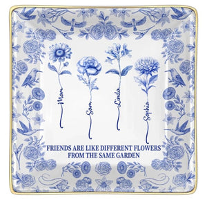 Toile De Jouy Birth Flower Grow An Old Friend - Personalized Ring Dish, Gift for Her, Custom Jewelry Dish for Besties, Mom, Daughter