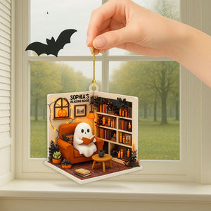 Personalized Ghost Reading Nook 2D Flat Acrylic Ornament, Reading Room Christmas Ornament, Bookworm Gift, Halloween Ghost Window Hangings Book Lovers Gift